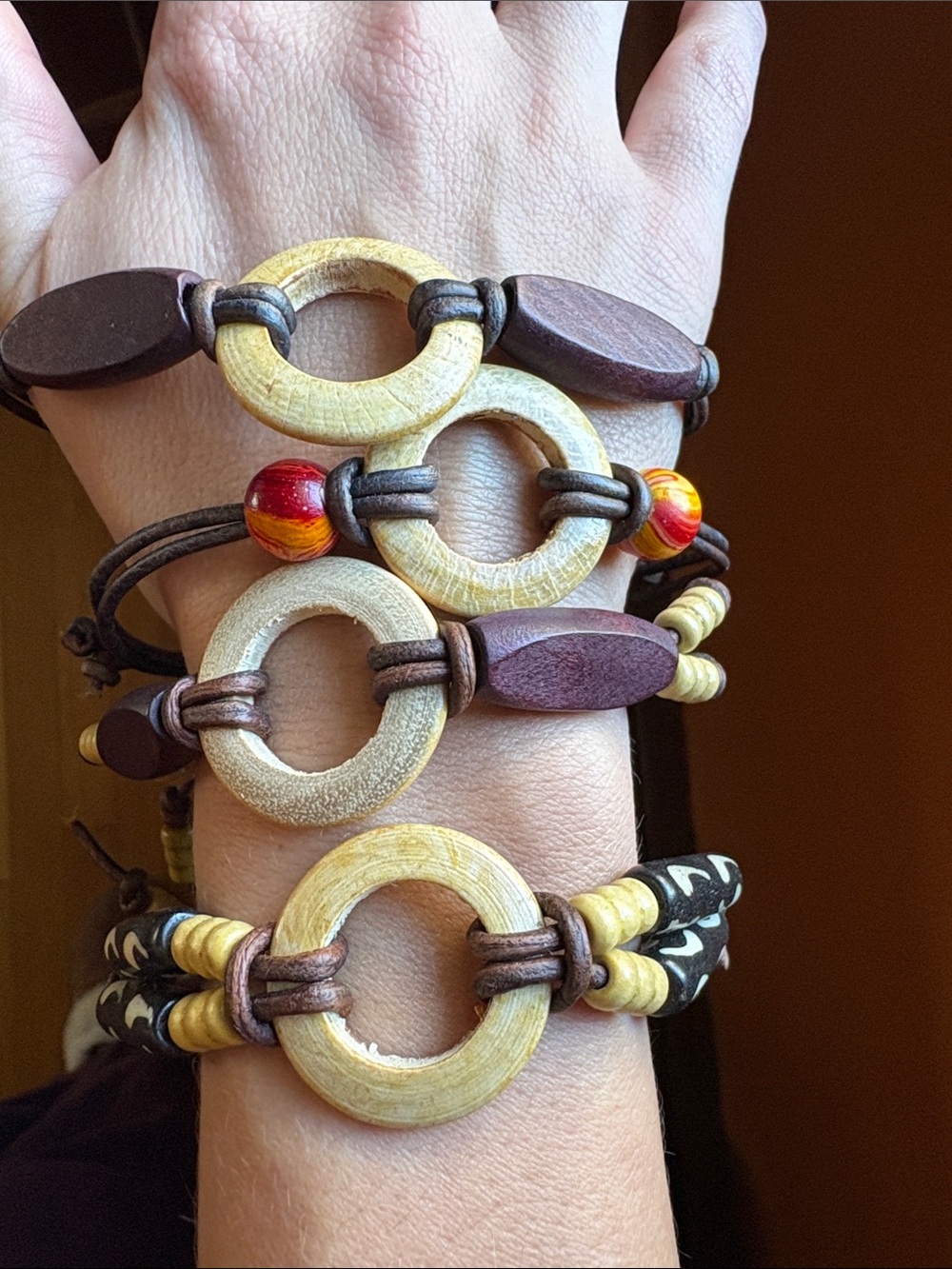 Boho Layered Wooden Ring and Bead Bracelet - Natural Yellow & Brown